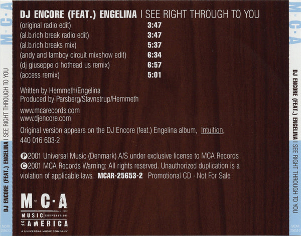 DJ Encore & Engelina - I See Right Through To You [CD Single]