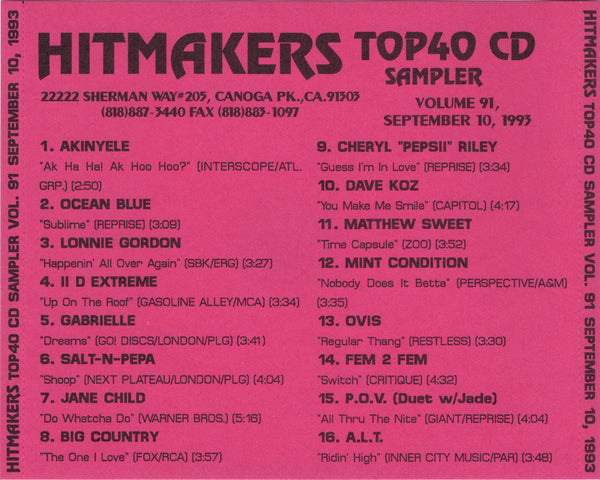 Hitmakers Top 40 CD Sampler Vol. 91, September 10, 1993 [CD Promo]
