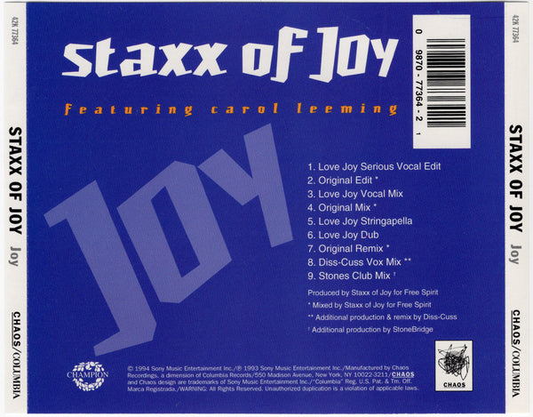 Staxx Of Joy & Carol Leeming - Joy [CD Single]